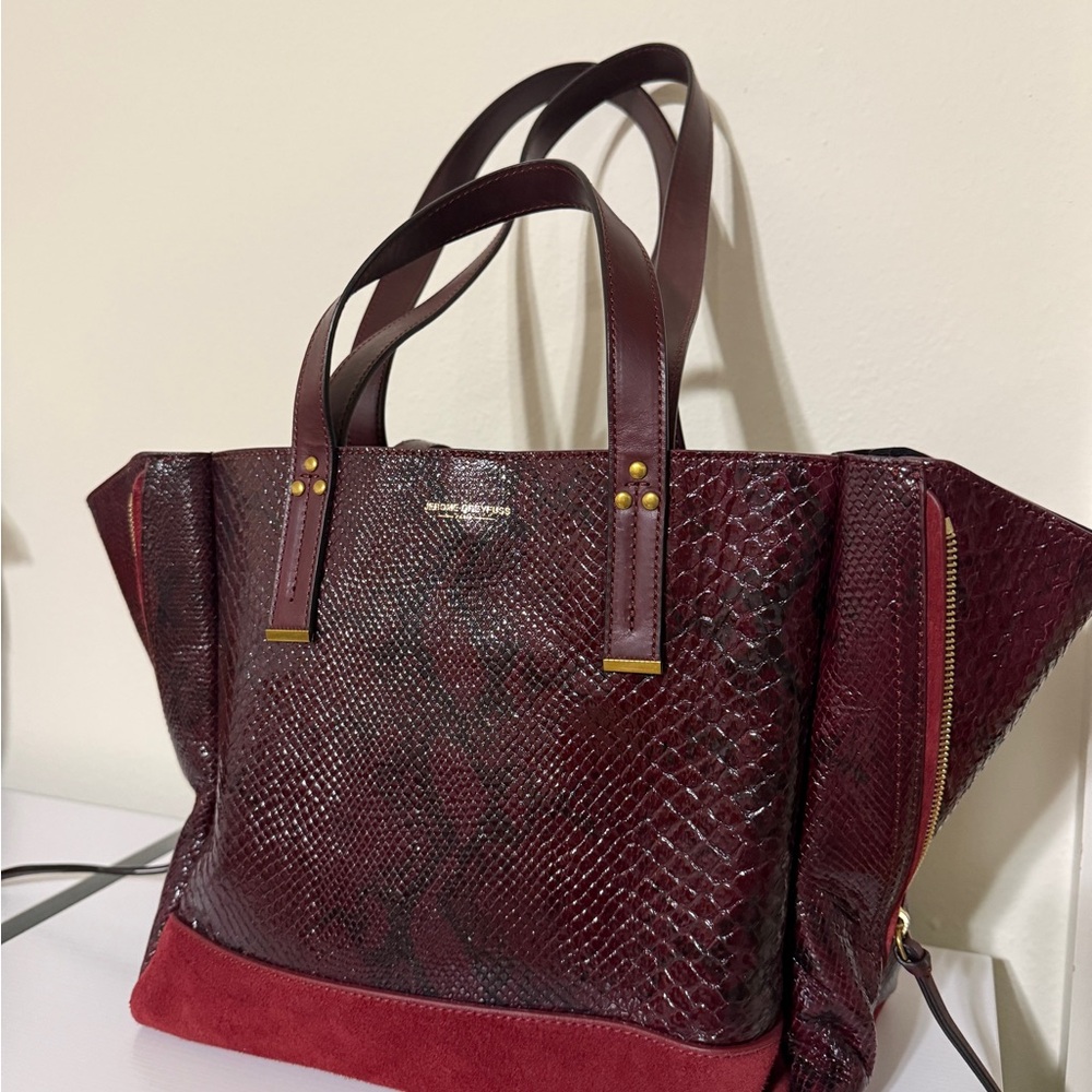 Jerome Dreyfuss Burgundy Snake-Embossed George M Tote with Red Suede Trim